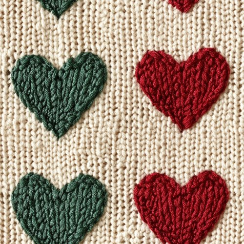 red and green knitted christmas hearts