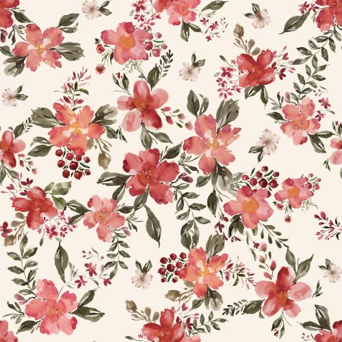 Beautiful array of festive blooms and berries. Soft watercolor techniques featuring wine red petals with peach and pink accents.