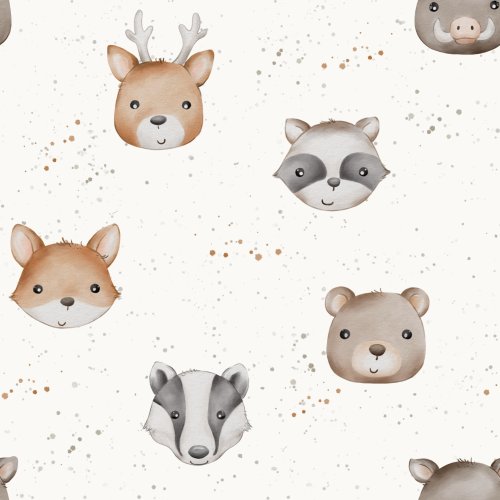 Hand drawn pattern. Forest animals head. Fox, raccoon, badger, deer, boar and bear.