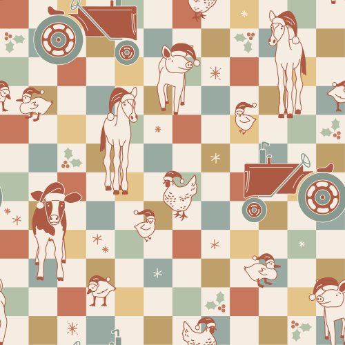 Modern hand drawn farm animals wearing Santa hats on a retro checkerboard background. 