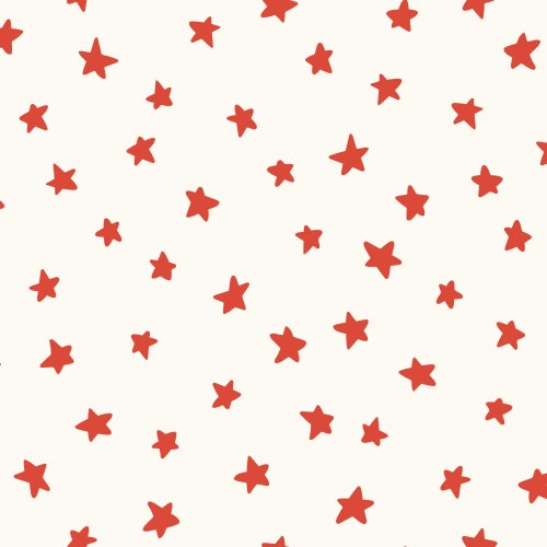 A calm, classic tossed-star coordinate featuring soft white/ivory five-point stars scattered across a warm red background. 