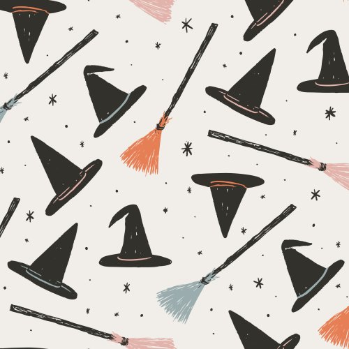 Whimsical witch’s broom fabric pattern – great for playful Halloween decor and fun DIY costumes!