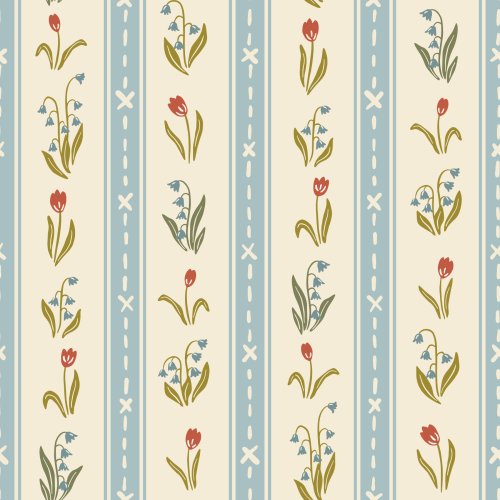 Vertical stripe pattern featuring alternating pale blue stitched ticking stripes and delicate spring florals with tulips and leafy stems in soft coral, yellow, green, and blue on a warm cream background, inspired by vintage textiles and handmade quilts.