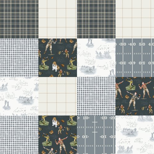 Collage of vintage football-themed fabric patterns featuring field layouts, gingham checks, plaid, and watercolor illustrations of players and strategic plays on various colored backgrounds.