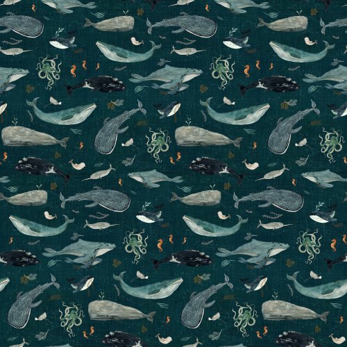 Playful ocean scene with whales, an octopus, and a seahorse swimming together across a soft marine background.