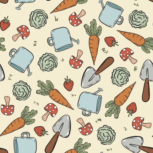 Fabric design of vegetables and gardening tools on a yellow background