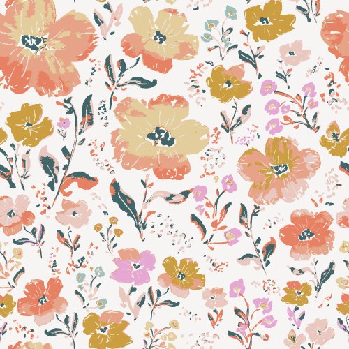Playful hand painted pink and peach florals on a cream background