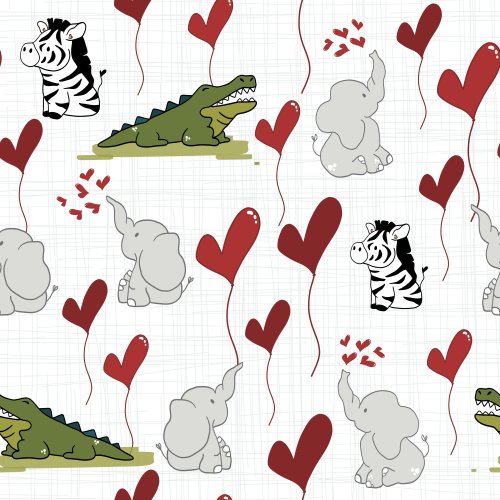 Valentine's Day Fabric design with safari animals and heart balloons