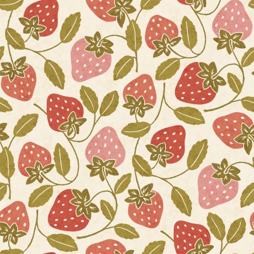 A cheerful tossed strawberry vine pattern featuring simplified berries, leafy tops, and winding stems in tomato red and dusty blush pink with olive-green leaves on a warm cream background. 