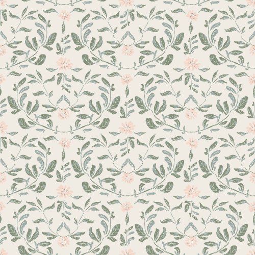 An elegant hand painted scalloped pink and green floral pattern on cream