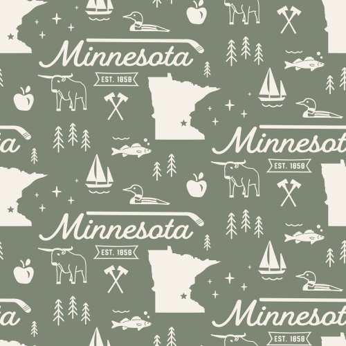 Hand drawn motifs representing Minnesota, with retro script and established date.
